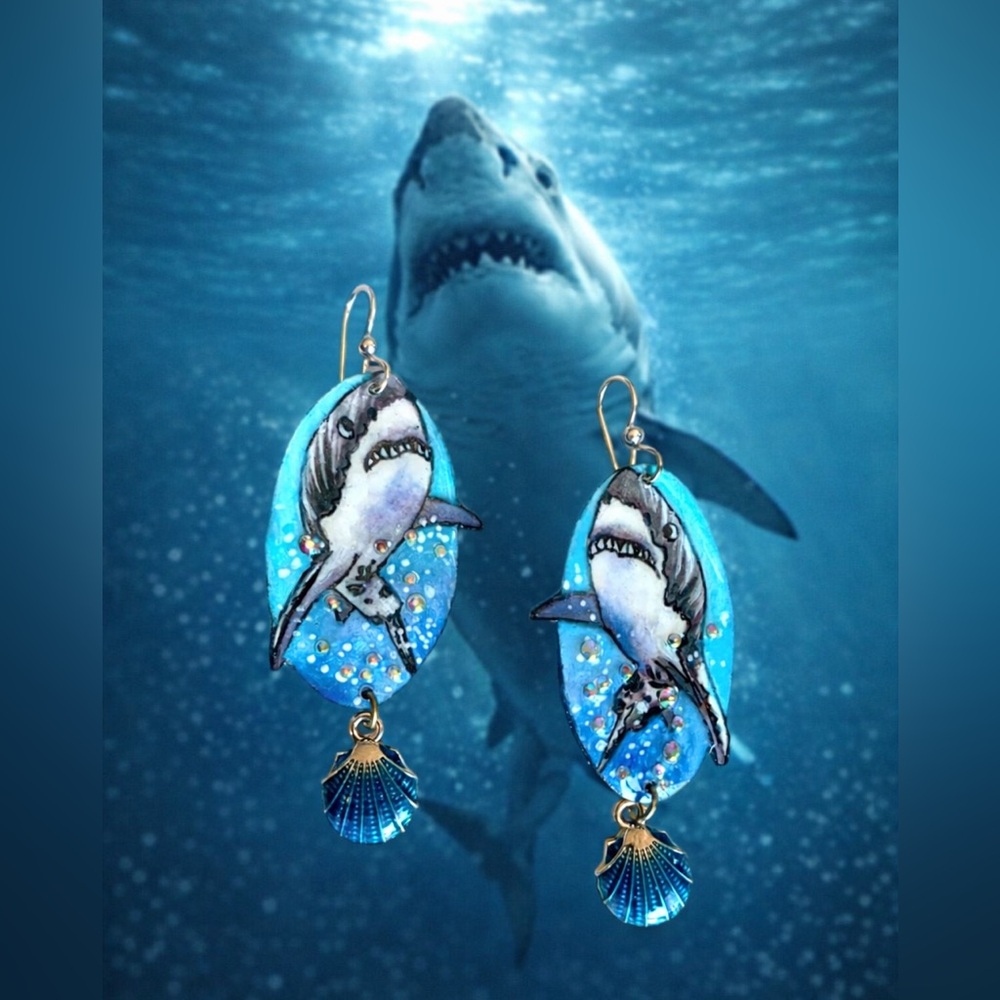 Handpainted Great white shark earrings, sterling wires, sea life teeth OOAK